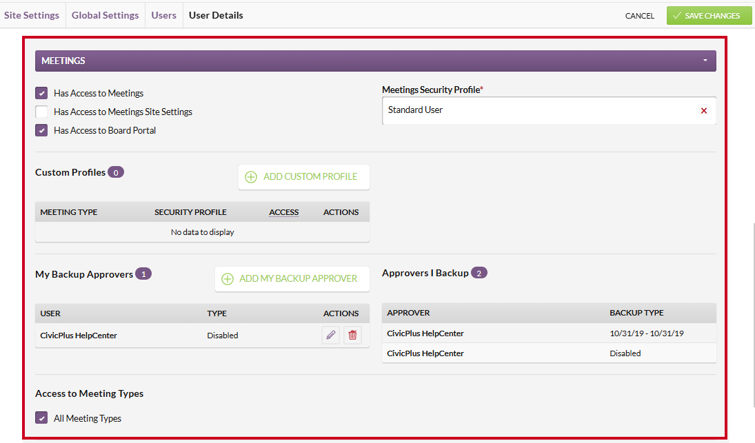 The Meetings section on the User Details page.