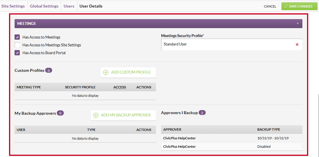 The Meetings section on the User Details page.