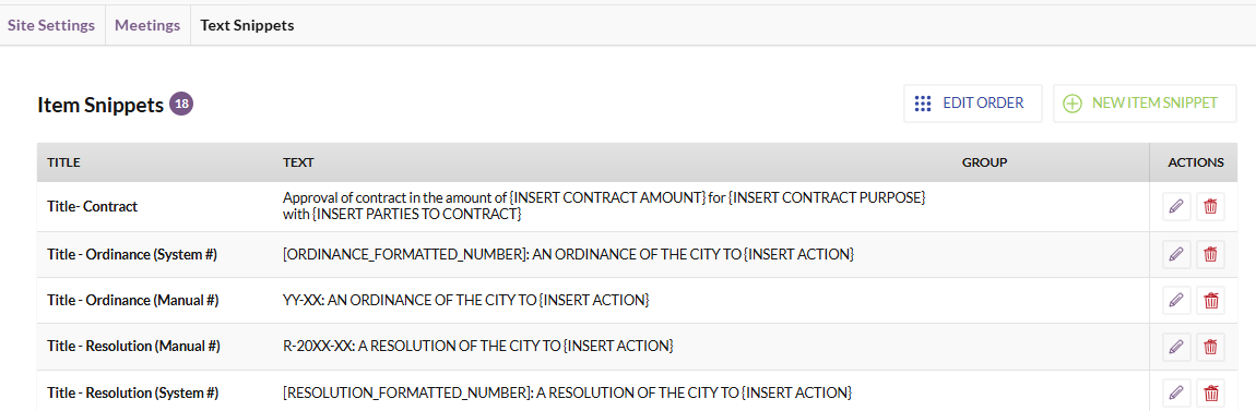 The Item Snippets section on the Text Snippets page.