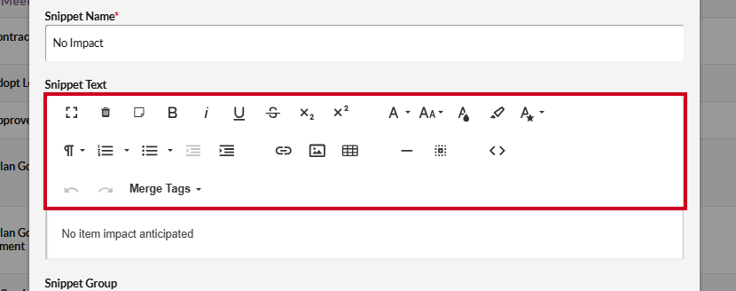 The Add New Item Snippet modal's Paragraph and Formatting tools.