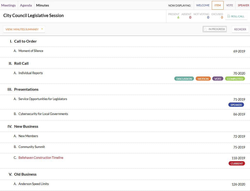 The Minutes Summary page for an agenda .