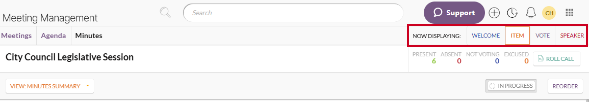 The Now Displaying section and Welcome, Item, Vote, and Speaker options.
