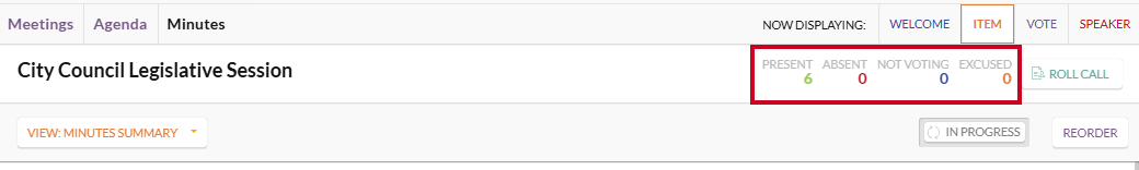 The Roll Call status section which displays the number of meeting members that fall into each roll call status.