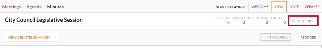 The white, rectangular Roll Call button which appears below the Now Displaying section.