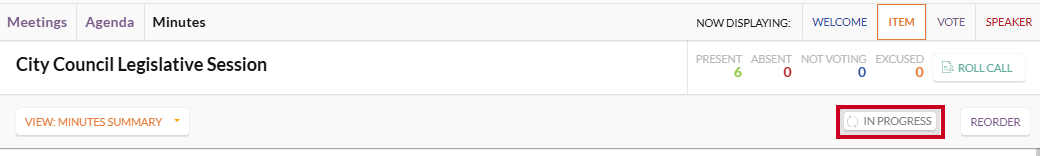 The white and gray rectangular In Progress button which appears below the Roll Call status section.