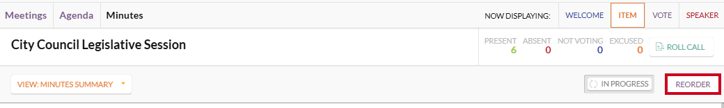 The white, rectangular Reorder button which appears below the Roll Call button.