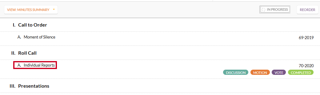 Example sections and items on the Meetings Summary page.