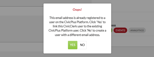 The Oops! email already registered popup message.