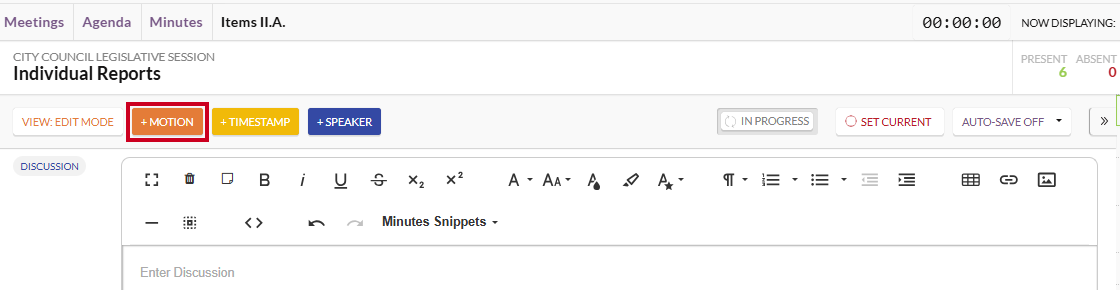 Select - Settings - Meetings - Text Snippets - Minutes Snippets - Minutes Module Motion Button.png