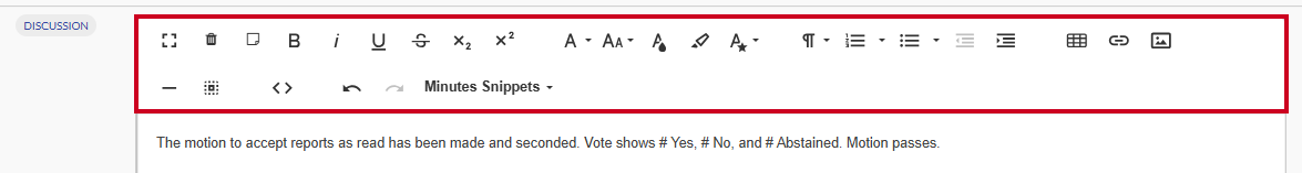 Select - Settings - Meetings - Text Snippets - Minutes Snippets - Minutes Module Paragraph and Text Formatting Tools.png