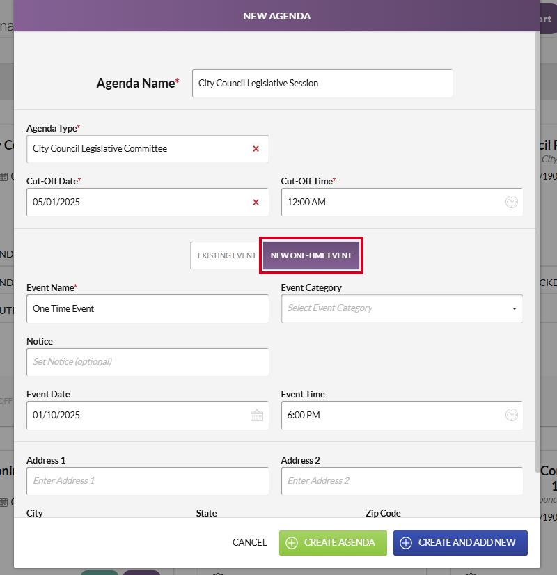 The purple, rectangular New One-Time Event tab below the standard New Agenda information fields.