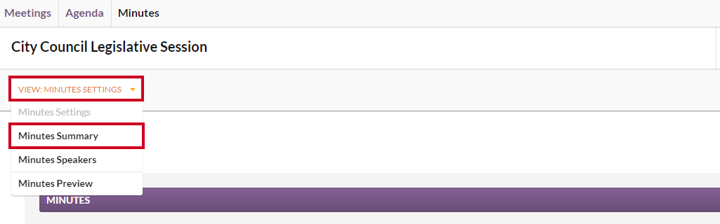 The View dropdown menu with the Minutes Settings option highlighted.
