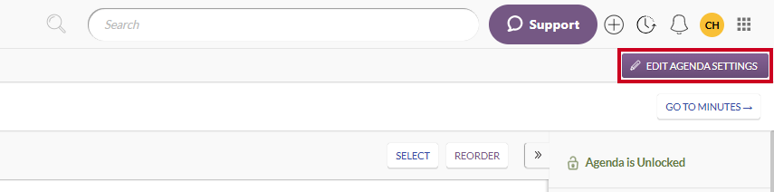 The purple, rectangular Edit Agenda Settings button which appears below the User Menu.