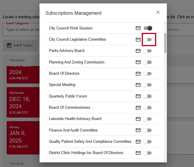 An example Meeting Type subscription toggle in the off position.