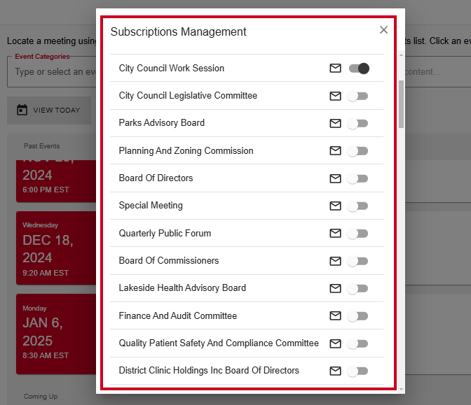 The Public Portal Subscriptions Management dialog with one Meeting Type subscription toggled on.