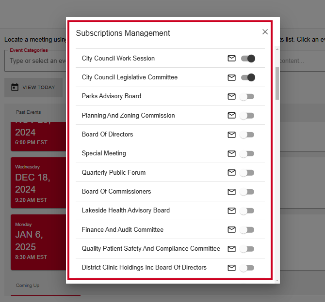The Public Portal Subscriptions Management dialog with two Meeting Type subscriptions toggled on.