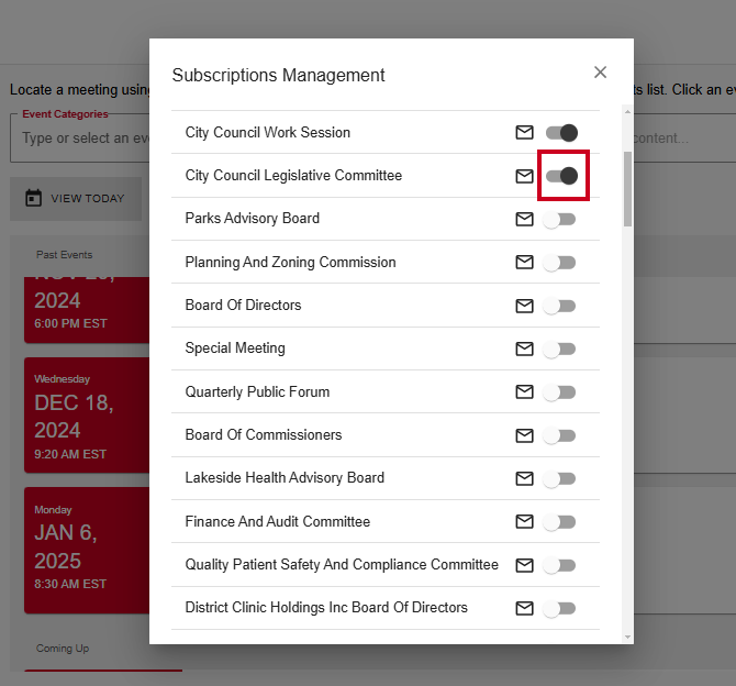 An example Meeting Type subscription toggle in the on position.