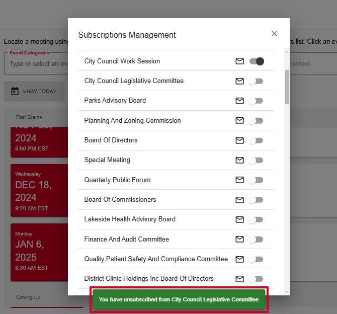 A green, rectangular You have subscribed message which appears below the Subscriptions Management dialog box after a subscription has been toggled off.