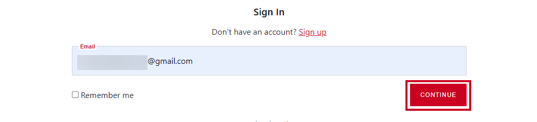 The red, rectangular Continue button under the Email field.