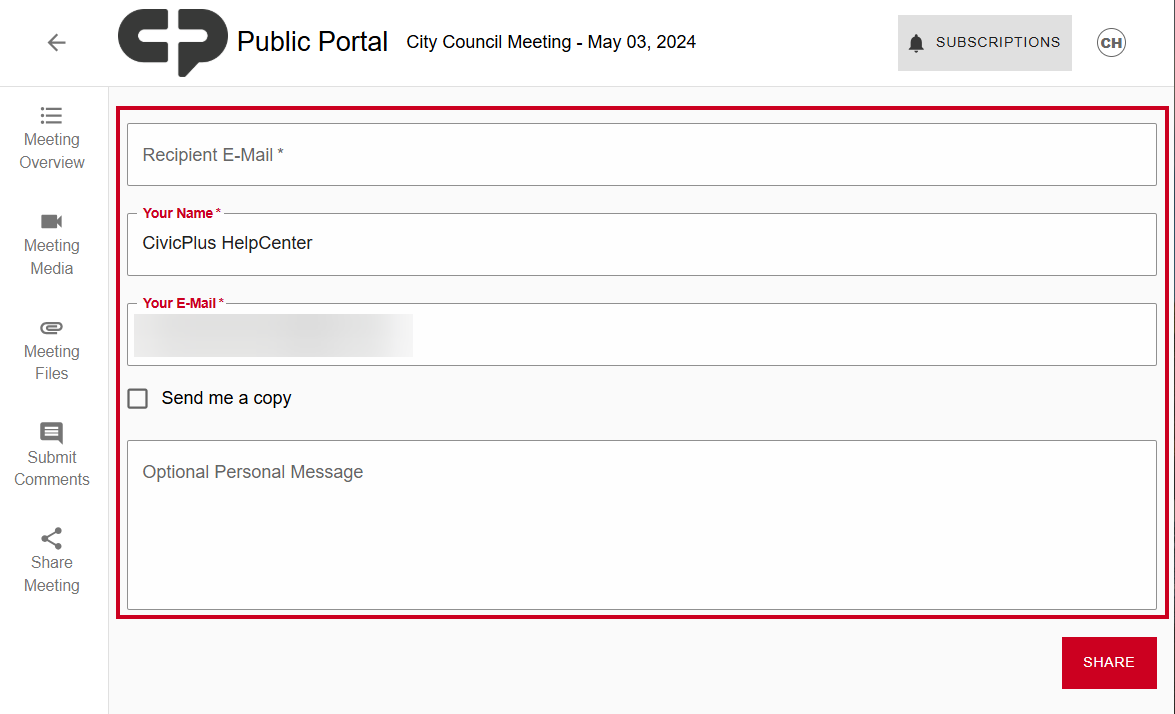 The Share Meeting page information fields.
