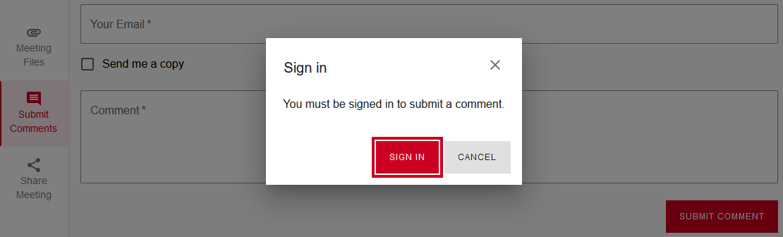 The Sign In popup with a red, rectangular Sign In button.
