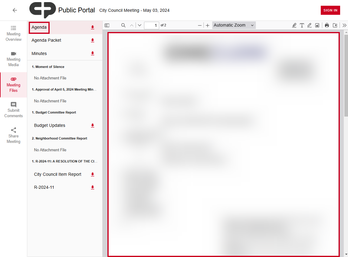 An example meeting file name and the Public Portal PDF viewer.