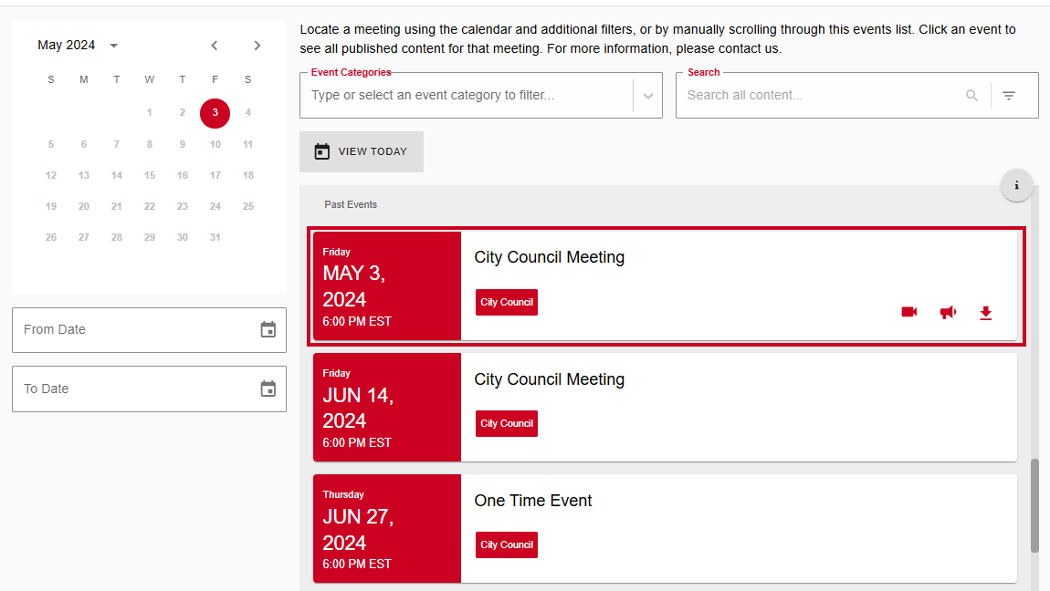 An example meeting in the Events List.