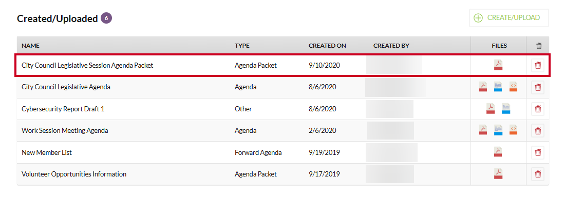 An example agenda packet in the Created/Uploaded section.