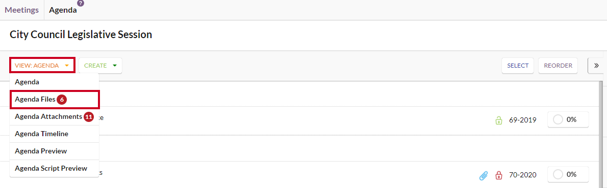 The View menu dropdown with the Agenda Files option highlighted.