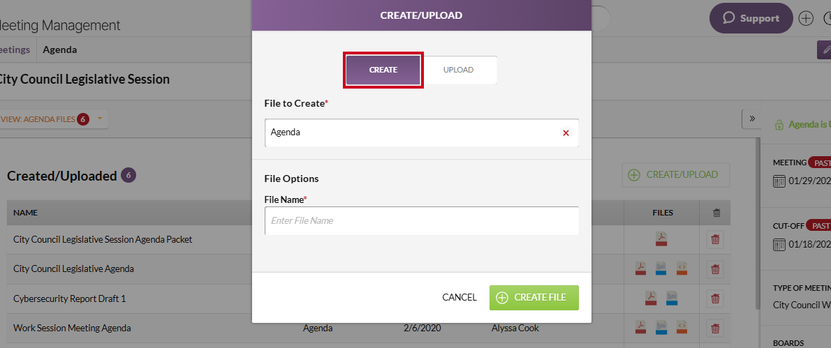 The purple, rectangular Create tab below the Create/Upload modal header.