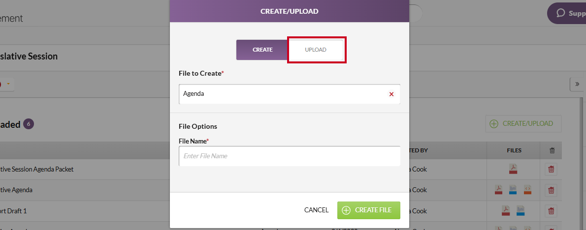 The white, rectangular Upload tab below the Create/Upload modal header.