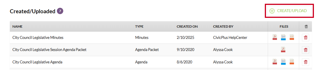 The white, rectangular Create/Upload button to the right of the Created/Uploaded section header.