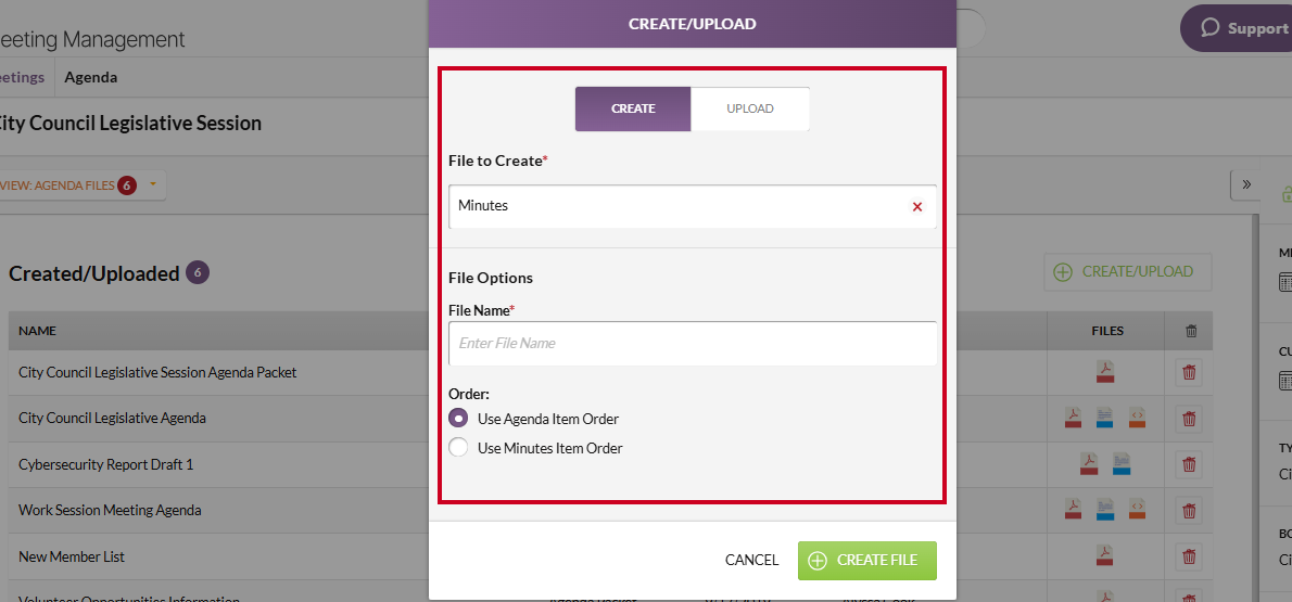 The information fields that appear when Minutes is selected in the File to Create field.