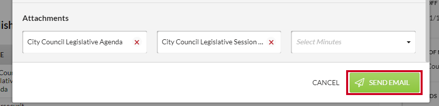 A green, rectangular Send Email button in the bottom-right corner of the Send modal.