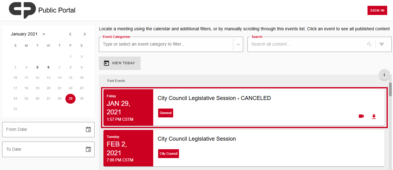 An example canceled meeting in the Public Portal.