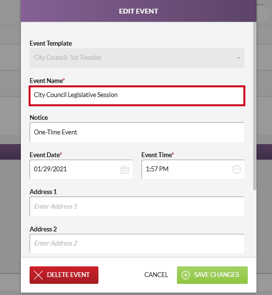 The Edit Event modal Event Name field.