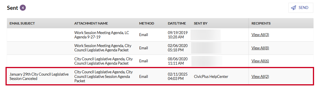An example sent email highlighted within the Sent section on the Agenda Files page.