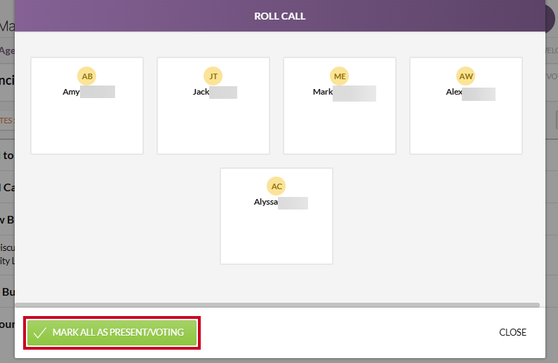 The green, rectangular Mark All As Present/Voting button in the lower-left corner of the Roll Call modal.