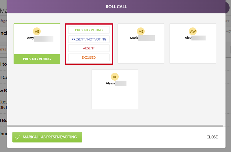 The roll call options that appear when hovering over a member name.