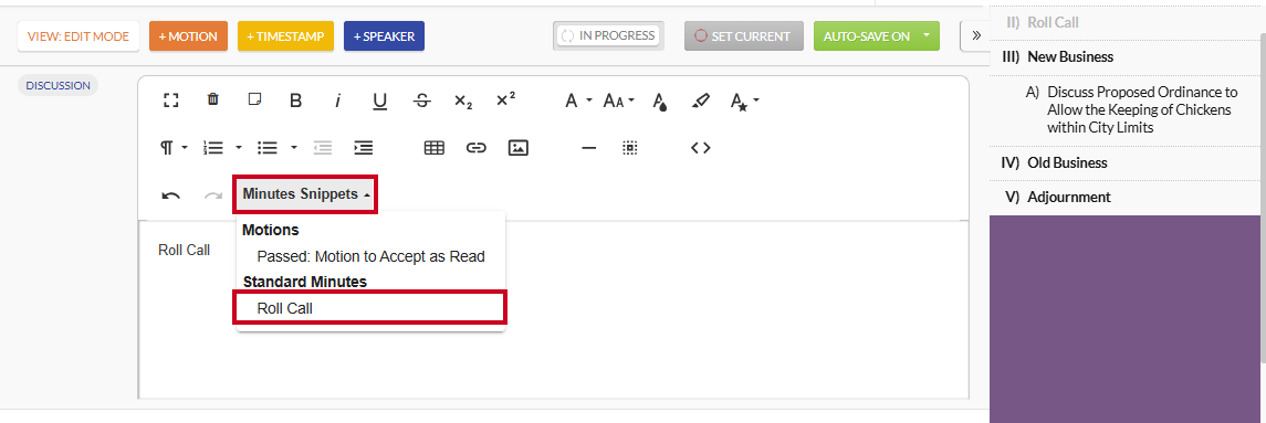 The Minutes Snippets dropdown with an example roll call snippet highlighted.