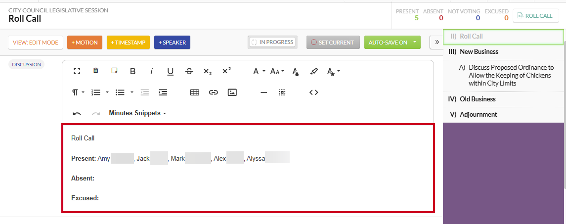 The Discussion text box with example text.