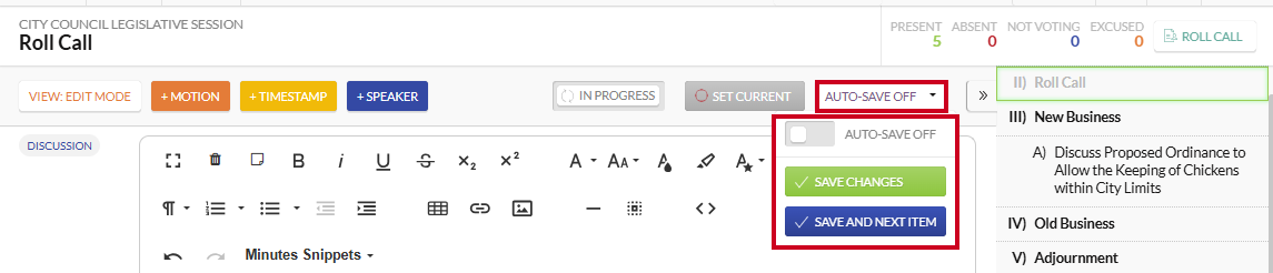 The Auto-Save Off button and the available save options when Auto-Save is off.