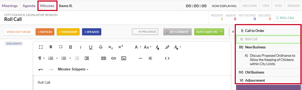 The Minutes Tab which appears above the active meeting name and the Order of Business Sidebar which appears below the Roll Call tracker.