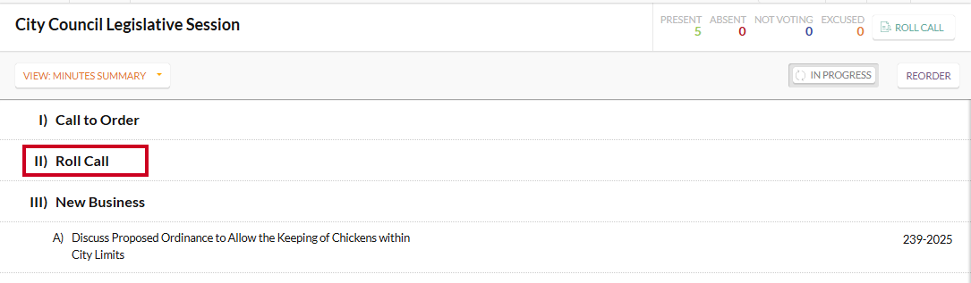 The Roll Call section in an example meeting's order of business.