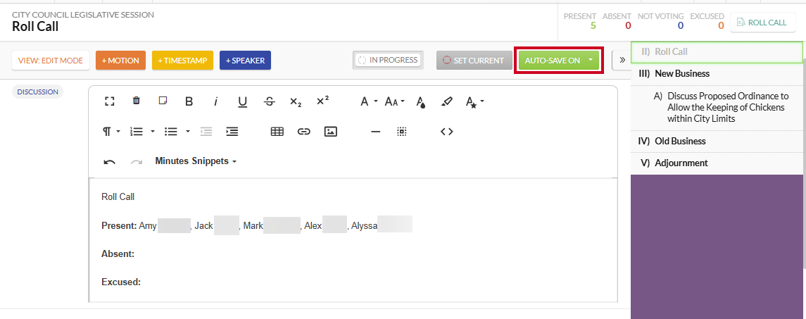 The green, rectangular Auto-Save On button above and to the right of the Discussion field.