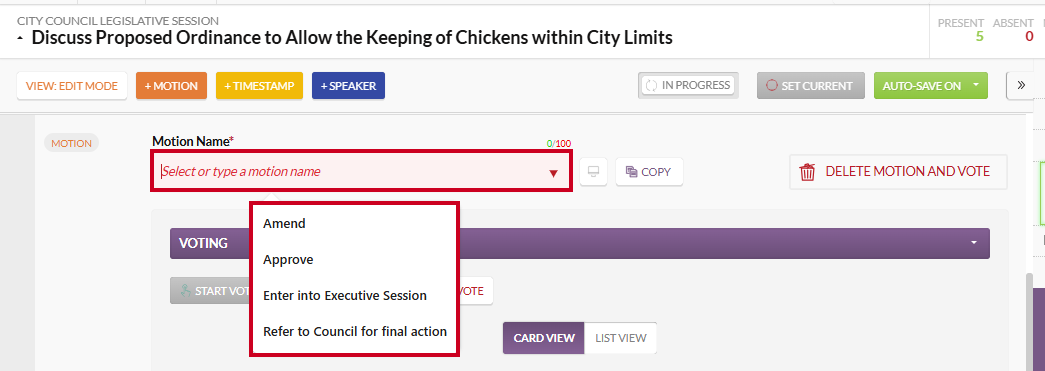 The Motion Name field which appears above the Voting section.