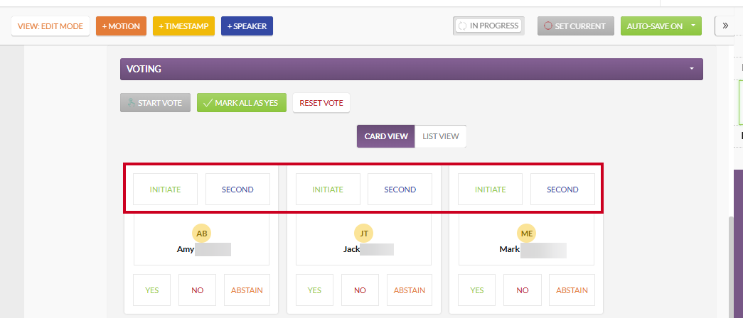 White, rectangular Initiate and Second buttons above member names in Card View.