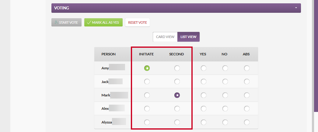The Initiate and Second columns to the right of the Person column in List View.