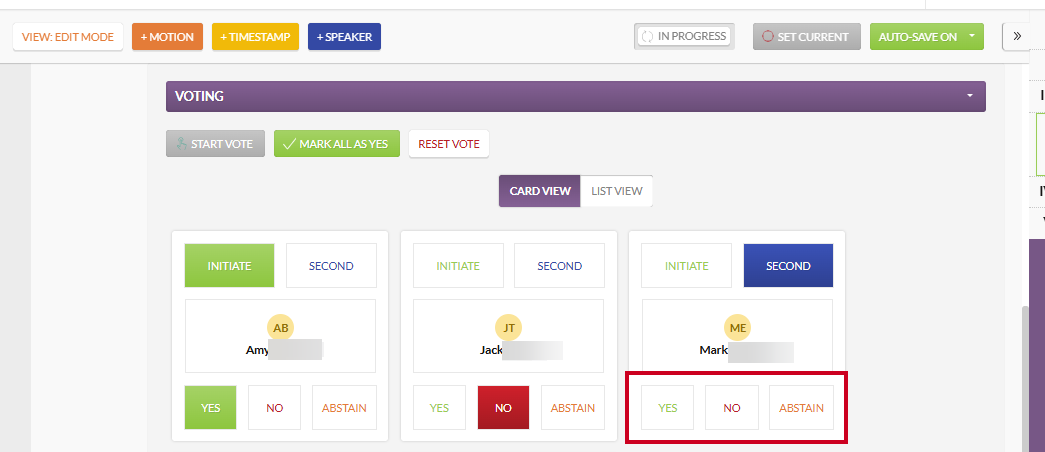 Yes, No, and Abstain buttons below a member name in Card View.