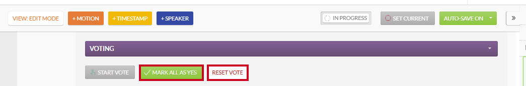 The green, rectangular Mark All As Yes button and the white, rectangular Reset Vote button below the Voting header.